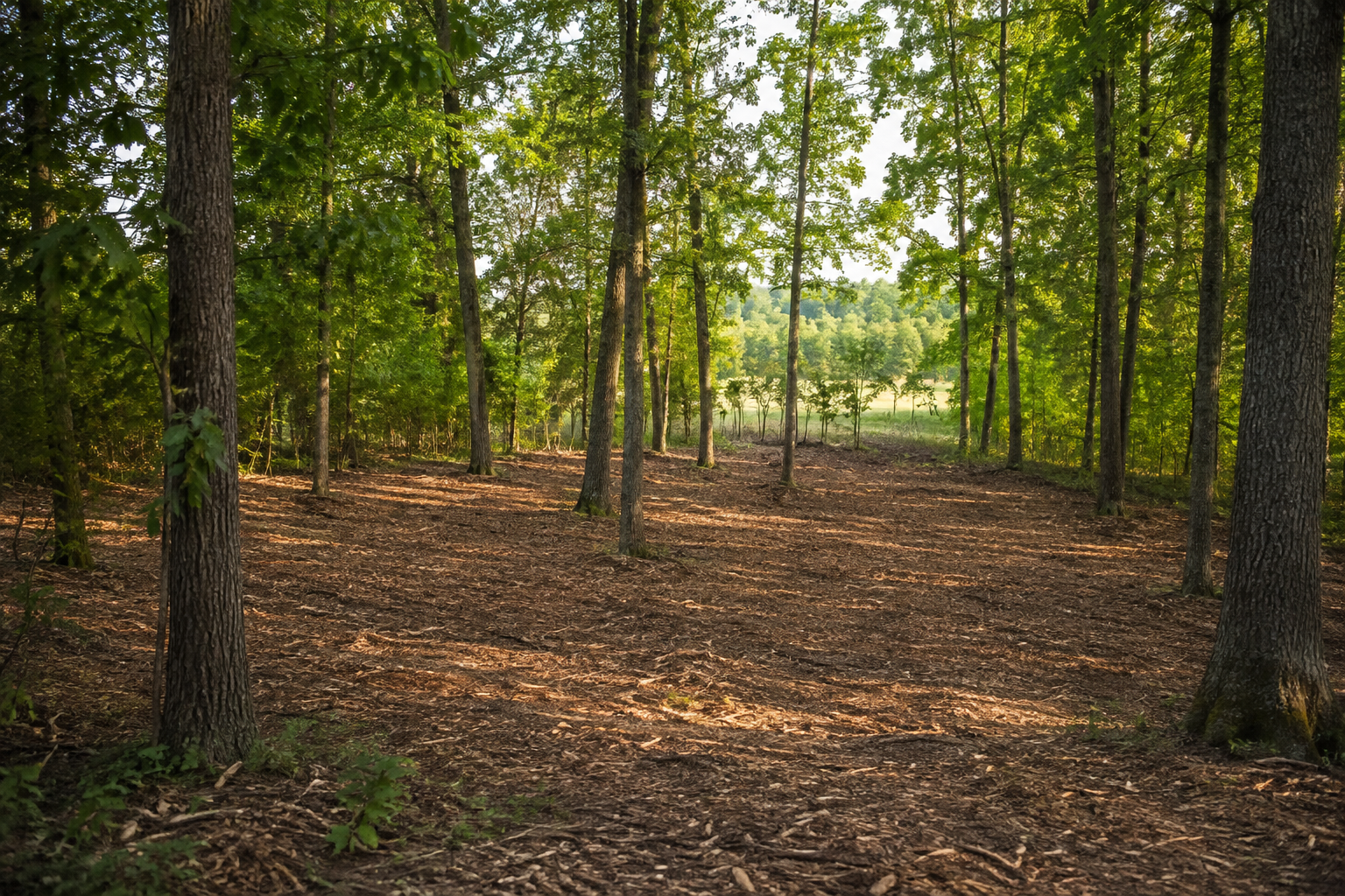 Small completed forestry mulching project beneath mature Illinois hardwoods