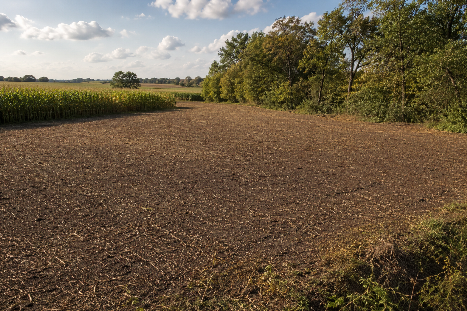 Small cleared Illinois farm parcel bordered by corn and hardwood trees