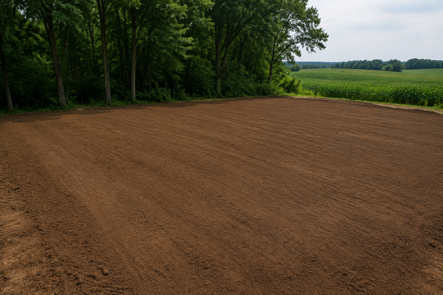 Smooth finished dirt pad beside Illinois farmland and hardwood trees
